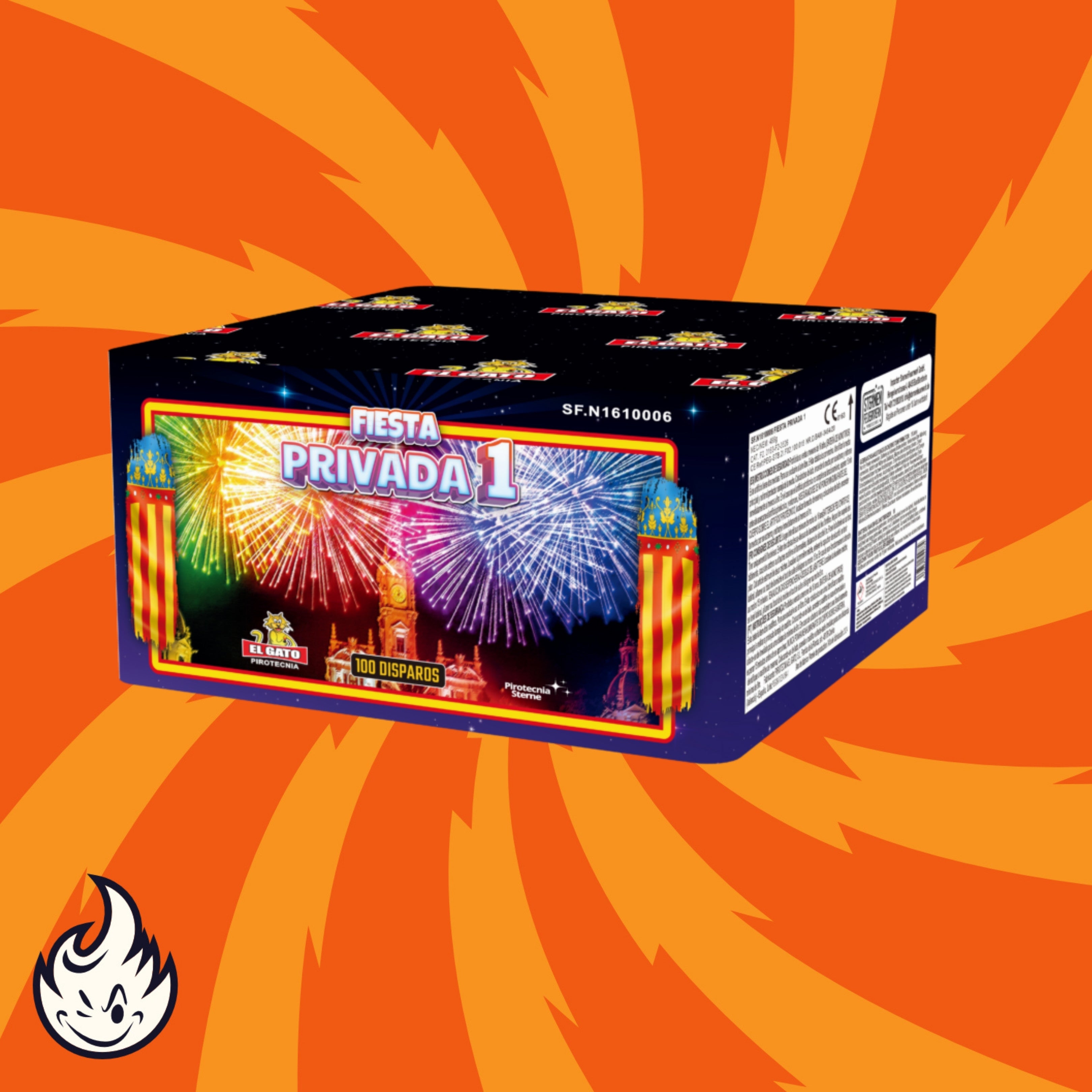 Auf einer farbenfrohen Schachtel El Gato Fiesta Fallera Feuerwerksbatterie 100sh sind Feuerwerke abgebildet, die am Nachthimmel explodieren, auf einem orangefarbenen Spiralhintergrund, mit der Marke El Gato und einem kleinen Flammenlogo in der unteren linken Ecke.