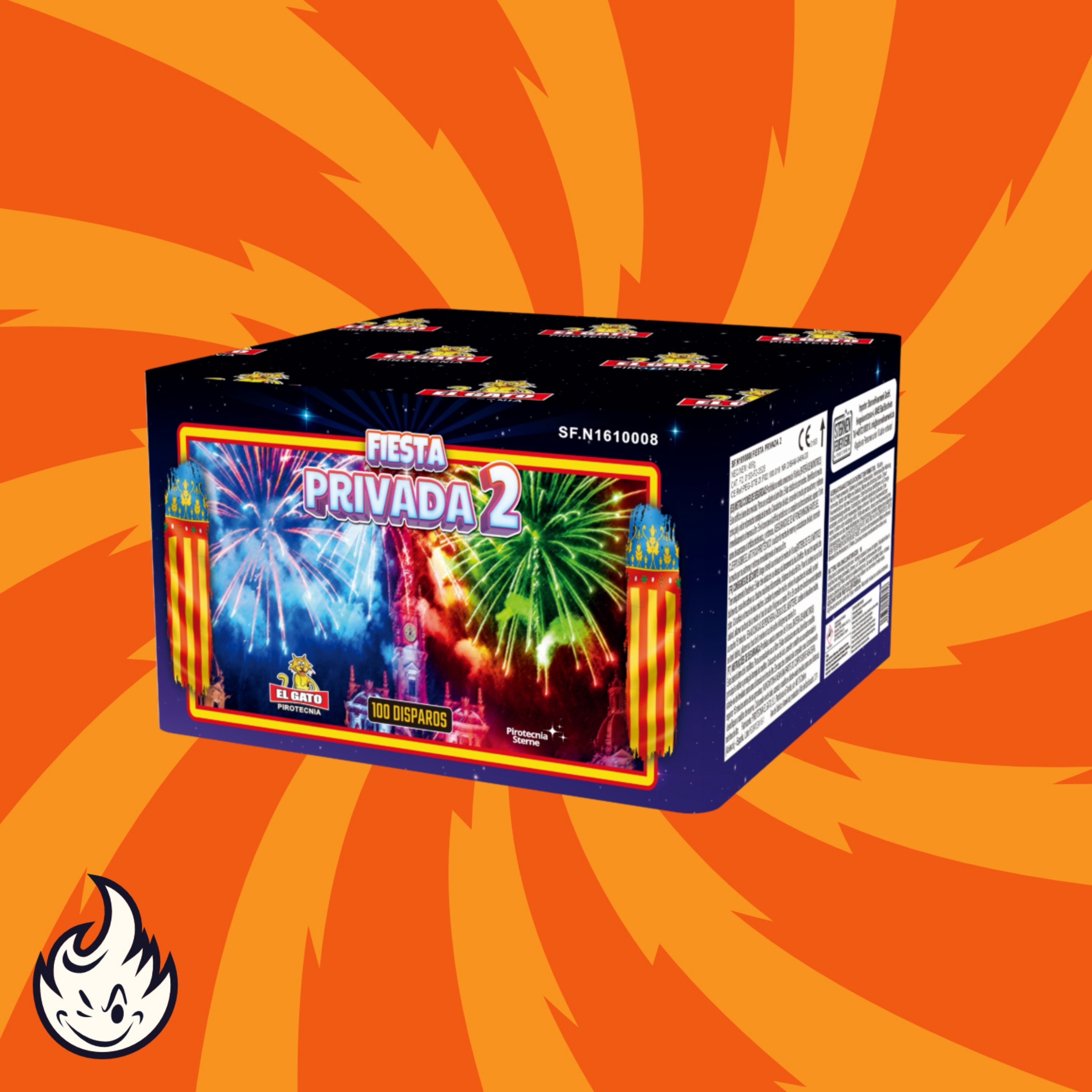 Eine Schachtel mit El Gato Fiesta Privada 2 Feuerwerkskörpern von El Gato mit bunten Feuerwerksgrafiken auf orangem Hintergrund mit wirbelnden Mustern und einem Flammensymbol in der Ecke.