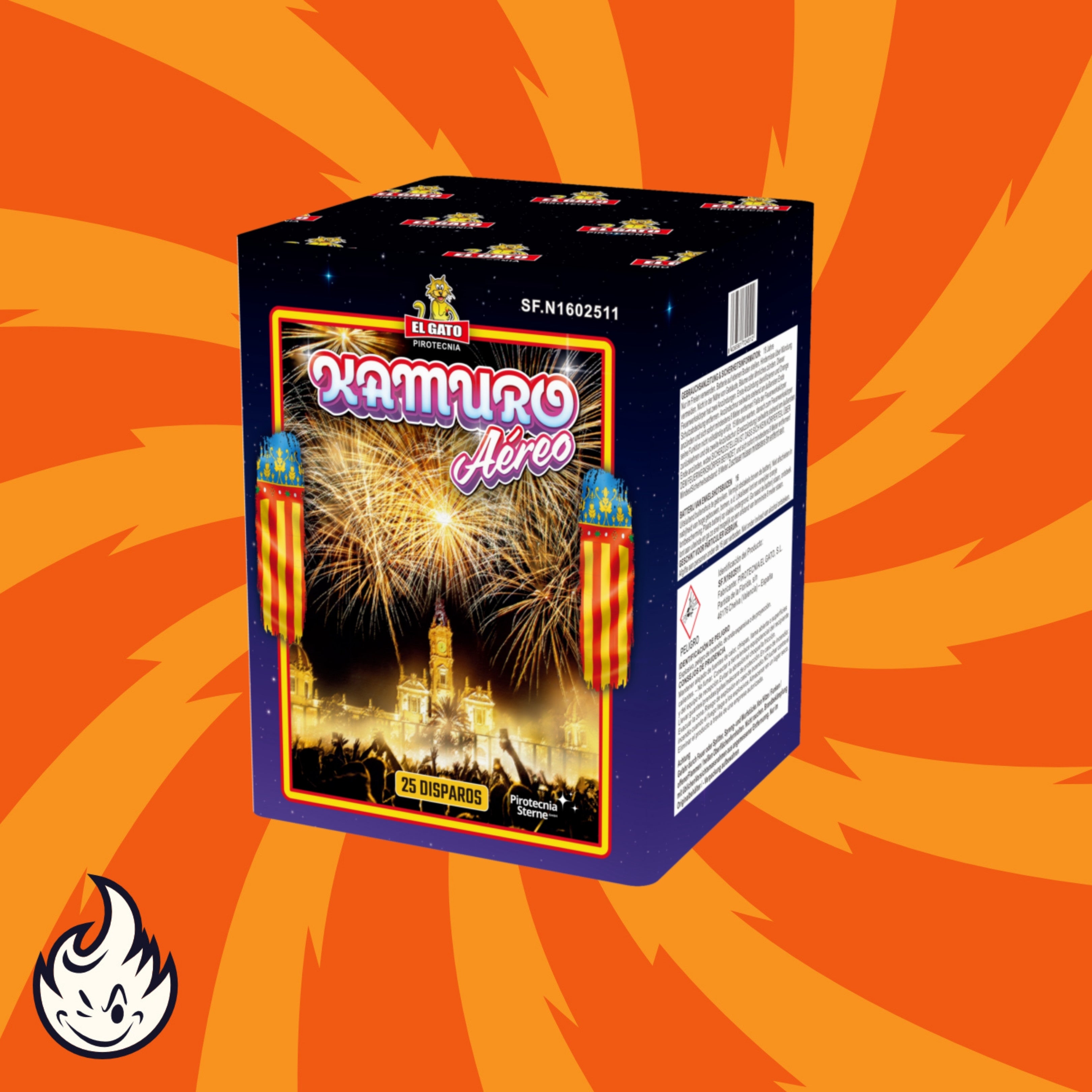 Die Feuerwerksdose "El Gato Kamuro Aereo" von El Gato zeigt ein Feuerwerk über einem Stadtplatz, mit einem orangefarbenen Wirbel als Hintergrund und einem kleinen Flammensymbol in der linken unteren Ecke.