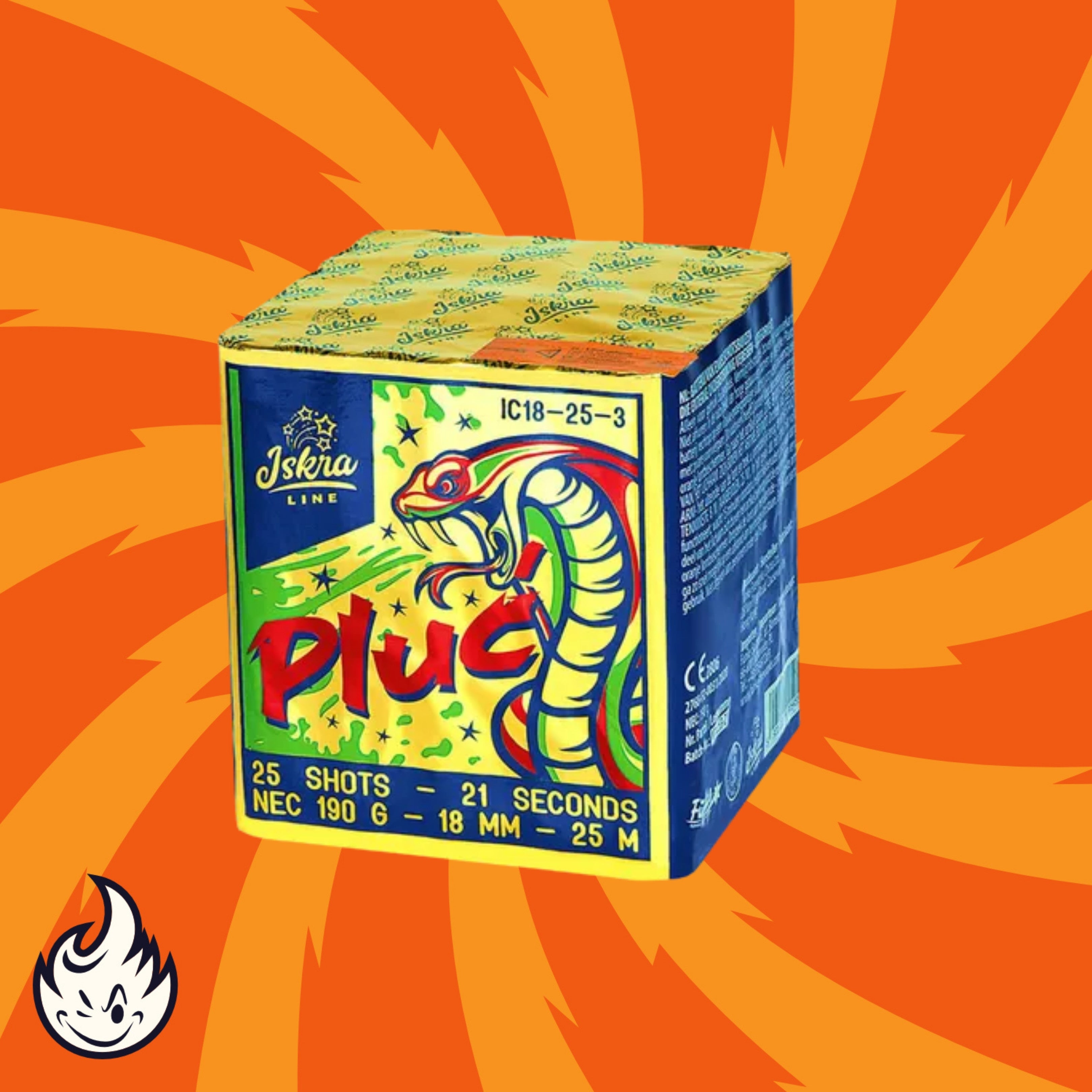 Eine farbenfrohe Iskra Pluć Feuerwerksbatterie 16sh-Box zeigt eine Cartoon-Schlange, Sterne und ein Flammensymbol auf orangefarbenem Hintergrund mit gelben Wirbeln. Marke: Iskra.