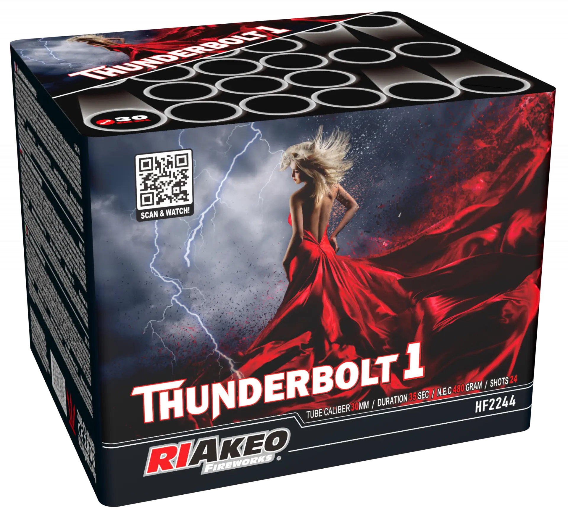 Die Riakeo Thunderbolt 1 Feuerwerksbatterie-Box von RIAkeo zeigt eine Frau in einem wallenden roten Kleid mit Blitzen, verfügt über 24 Schuss Details, einen QR-Code und das RIAkeo Fireworks Logo auf der Verpackung.