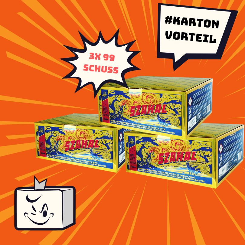 Drei Iskra #KARTONVORTEIL 📦 Szakal 99sh Boxen sind vor einem orangefarbenen Hintergrund mit Comic-Bursts gestapelt. Sprechblasen zeigen "3x 99 Schuss" und "#Karton Vorteil", mit einer lächelnden Cartoon-Box in der Ecke.