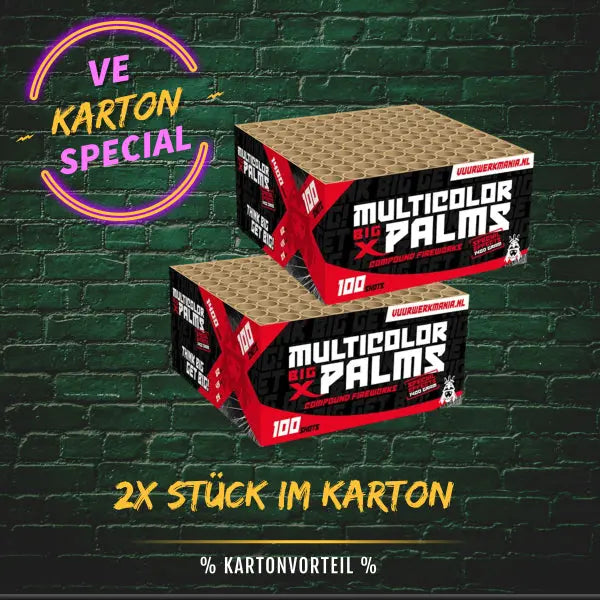 Zwei Kartons #KARTONVORTEIL 📦 Geisha 'BIG X' Multicolor Palms 100's (2 Stk) von Feuerwerk-Outlet.de gestapelt an einer grünen Ziegelwand. Der neonfarbene deutsche Text hebt das besondere Kartonangebot dieser lebendigen Feuerwerkskörper hervor.