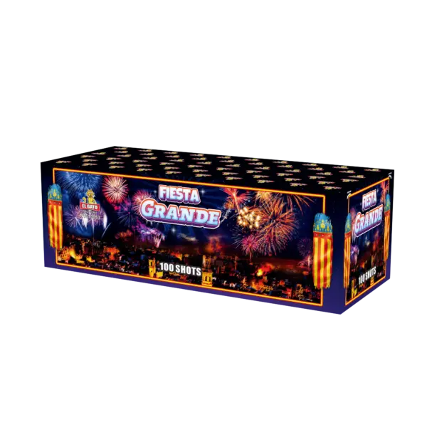 Rechteckige El Gato Fiesta Grande Verbundfeuerwerk-Dose von El Gato mit lebendigen Feuerwerk Effekten und "100 Schuss"-Text auf der Vorderseite vor einem weißen Hintergrund.