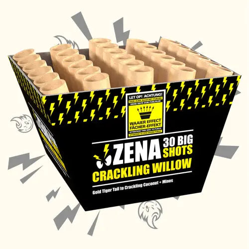 Die schwarz-gelbe Zena Crackling Willow Fan Feuerwerksbox von Zena mit Blitzgrafik verfügt über eine Crackling-Feuerwerksbatterie und Reihen von braunen Röhren für atemberaubende goldene Weideneffekte.