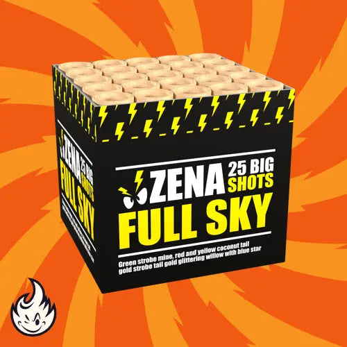 Die schwarz-gelbe Zena Full Sky Feuerwerksbatterie-Box von Zena steht auf einem orangefarbenen Starburst-Hintergrund und ist mit einer Blitzgrafik, Palmeneffekt-Details und Produktinfos am unteren Rand versehen.