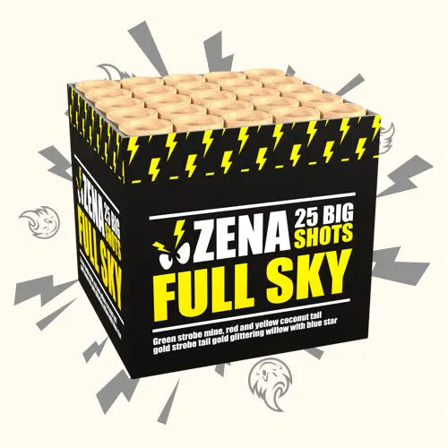 Eine Schachtel mit Zena Full Sky Feuerwerkskörpern von Zena mit fetter gelber und weißer Schrift, Blitzgrafik und "25 Big Shots"-Etikett - ideal für schillernde Palmeneffekte und Glitzerweiden.