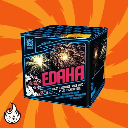 Die leuchtende Argento Edaha Box von Argento zeigt Bilder von Feuerwerkskörpern, 36 Schuss und helle Sterneffekte auf einem orangefarbenen Hintergrund mit wirbelnden Mustern und einem Flammensymbol in der Ecke.