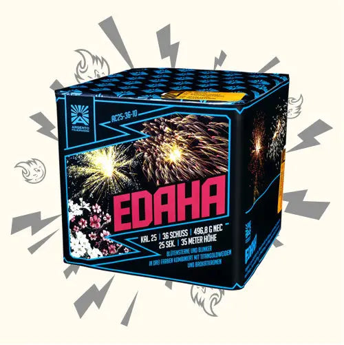 Eine quadratische Argento Edaha Feuerwerksbatterie-Box von Argento hat 36 Schuss und lebendige Sterneneffekte, akzentuiert mit Blitzen und Funken-Symbolen auf einem strahlend weißen Hintergrund.