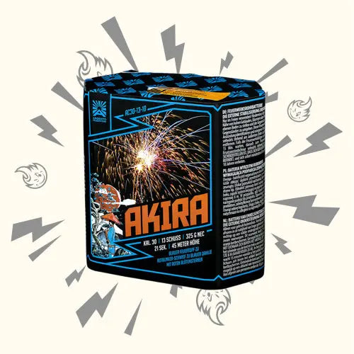 Eine schwarze Argento Akira 13sh Feuerwerksbatterie Box von Argento zeigt leuchtende Blütensterne, stilisierte Grafiken mit einem Motorradfahrer, sowie Blitz- und Explosionssymbole im Hintergrund.