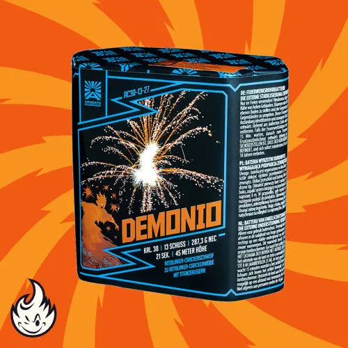 Eine Schachtel mit Argento Demonio 13sh Feuerwerkskörpern von Argento zeigt eine lebhafte Explosion. Die Verpackung zeigt blaue und orangefarbene Grafiken, den Text "30 mm" und einen orangefarbenen Hintergrund mit strahlenden Streifen.