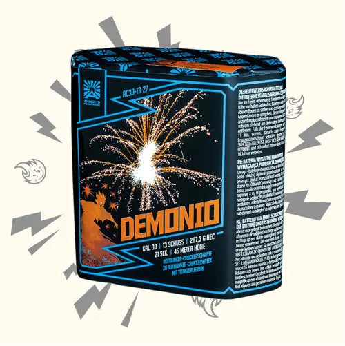 Die Argento Demonio 13sh Feuerwerksdose von Argento enthält eine farbenfrohe 30 mm Feuerwerksbatterie mit lebhaften Himmelseruptionen und einer Dämonensilhouette. Auf der Verpackung sind Produktdetails und Sicherheitshinweise in weißer Schrift angegeben.