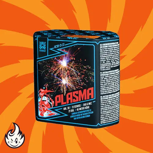 Eine rechteckige Argento Plasma 13sh Feuerwerksbatterie-Box von Argento zeigt lebendige Feuerwerksausbrüche, einschließlich Corolla-Weide-Effekte. Der orangefarbene Hintergrund hat wirbelnde Muster und eine kleine Flammen-Cartoonfigur in der Ecke.