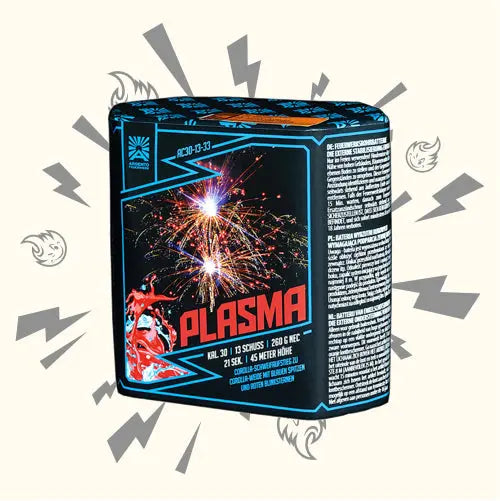 Die Argento Plasma 13sh von Argento ist eine zylindrische Feuerwerksbatterie mit bunten Feuerwerkseffekten, Sicherheitsdetails an der Seite und auffälliger Blitzgrafik für sichere Zündung.