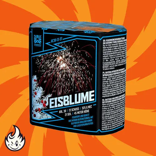 Die Argento Eisblume 13sh Feuerwerksbatterie von Argento kommt in einer rechteckigen Schachtel mit buntem Feuerwerk, weißen Zweigen und roten Beeren auf blauem und schwarzem Grund sowie dem Text "13 Schuss". Der Schriftzug "13 Schuss" wird von einem orangefarbenen Wirbel mit einem Flammensymbol umrahmt.