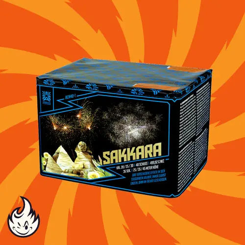 Eine Schachtel mit Argento Sakkara Fan von Argento, die Pyramiden und Feuerwerk zeigt.