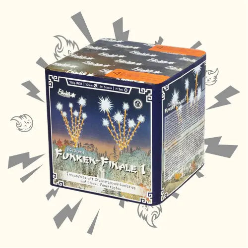 Eine würfelförmige Schachtel von Funke's "Funken-Finale 1 Salut" zeigt ein Feuerwerk, das über Bäumen explodiert, akzentuiert durch graue Blitze und stilisierte Funken - ein auffälliges Design der Titansalut-Feuerwerksbatterie.