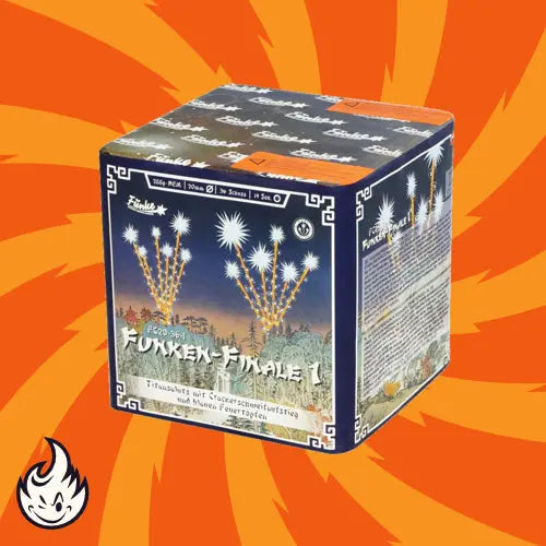 Eine farbenfrohe Funke Funken-Finale 1 Salut Box steht vor einem orangefarbenen, wirbelnden Hintergrund, der Bilder von Feuerwerken zeigt, die den Nachthimmel über einer Landschaft erleuchten.