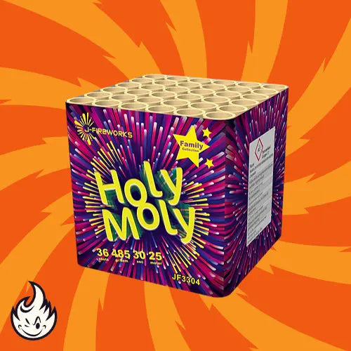 Die J-Fireworks Holy Moly 36sh von J-Fireworks ist eine farbenfrohe Feuerwerksbatterie-Box mit leuchtenden Explosionen, Sternen und einem orangefarbenen Hintergrund mit wirbelnden Mustern und einem Flammensymbol.