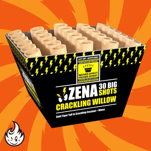 Eine Schachtel mit der Aufschrift "Zena Crackling Willow Fan" von Zena zeigt gelbe Blitze und Text auf einem orangefarbenen Hintergrund mit Flammen. Dieses Feuerwerk verfügt über eine fächerförmige Anordnung zylindrischer Röhren für Knistereffekte.