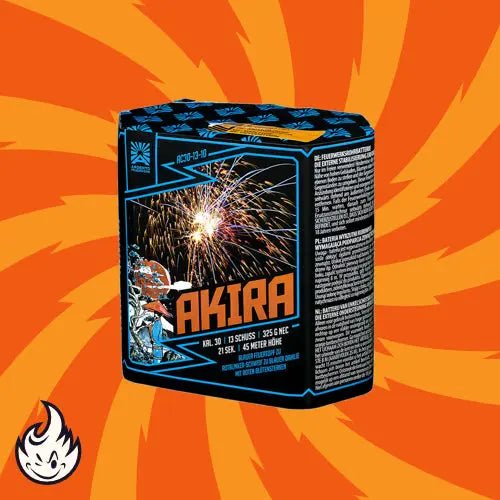 Die Argento Akira 13sh, eine schwarze Feuerwerksbatterie von Argento mit farbenfroher Feuerwerksgrafik, blauen Akzenten und 30 mm Blütensterne-Details, wird auf einem orangefarbenen Hintergrund mit einem wirbelnden Muster und einem kleinen Flammensymbol gezeigt.