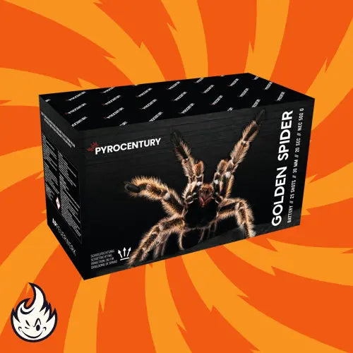 Die Pyrocentury Golden Spider Fan Feuerwerksbatterie zeigt eine große Spinne auf Schwarz mit wirbelnden gelb-orangen Mustern, einem Flammensymbol und einem auffälligen Pyrocentury Branding. Diese fächerförmige Feuerwerksbatterie misst 30 mm.