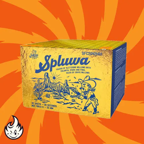 Die Iskra Spluwa 42sh von Iskra zeigt eine gelb-blaue Box mit einem Cartoon-Cowboy in einer Wüste, Kakteen und Bergen. Ein orangefarbener, wirbelnder Hintergrund und ein Flammensymbol heben die 42 Schuss für ein explosives Feuerwerk hervor.
