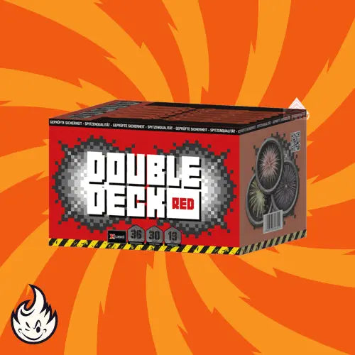 Eine Schachtel von FEUERWERK OUTLET's #DEAL: Double Deck Red Xplode, beschriftet mit 36 Schuss, Feuerwerksbildern, technischen Daten und einem kleinen Flammensymbol, erscheint vor einem orange-gelben, wirbelnden Hintergrund mit verpixeltem Text.
