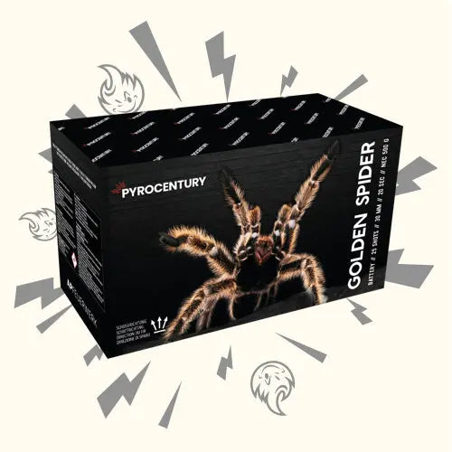 Eine schwarze rechteckige Pyrocentury Golden Spider Fan Box von Pyrocentury zeigt eine große Tarantel, 30mm Muscheln, stilisierte graue Explosionen und Cartoon-Flammen, wobei das Feuerwerk in einer beeindruckenden Fächerform auf einem hellen Hintergrund angeordnet ist.