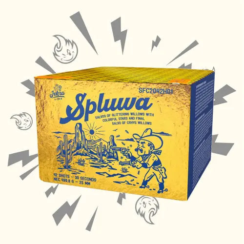 Die Iskra Spluwa 42sh von Iskra ist eine gelbe und blaue Feuerwerksbatterie-Box mit einem Cartoon-Cowboy in einer Kaktuswüste, verspielten Sternen und Sprengungen, und bietet 42 Schuss in 30 Sekunden.