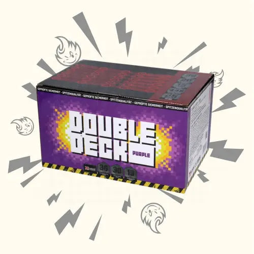 Eine lilafarbene Schachtel mit der Aufschrift "#DEAL: Double Deck Purple Xplode" von FEUERWERK OUTLET zeigt verpixelten Text, Blitze und Geistergesichter. Specs: 36 Schuss, 31g, 30 Sekunden, Reichweite bis zu 16 Meter.