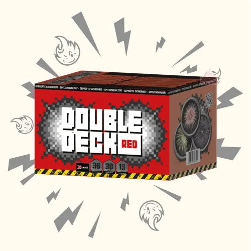 Eine rot-schwarze Box mit der Aufschrift "#DEAL: Double Deck Red Xplode" von FEUERWERK OUTLET zeigt Feuerwerkskunst, Cartoon-Flammengesichter und Blitze - perfekt, um jede Feier mit einem 36-schüssigen Feuerwerk zu bereichern.