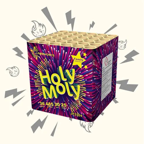 Das J-Fireworks Holy Moly 36sh von J-Fireworks wird in einer farbenfrohen Schachtel mit gelbem und violettem Design, Sicherheitshinweisen an der Seite, Cartoon-Funken und Blitzen geliefert – perfekt für ein beeindruckendes Feuerwerk mit 36 Schüssen.