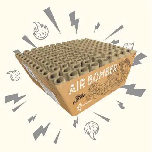 Eine J-Fireworks "Air Bomber Titansalut" Feuerwerksbatterie aus Pappe mit einem Drachendesign und lebendigen Grafiken, die mit 148 Schuss für einen beeindruckenden Titan-Salut-Effekt sorgen.