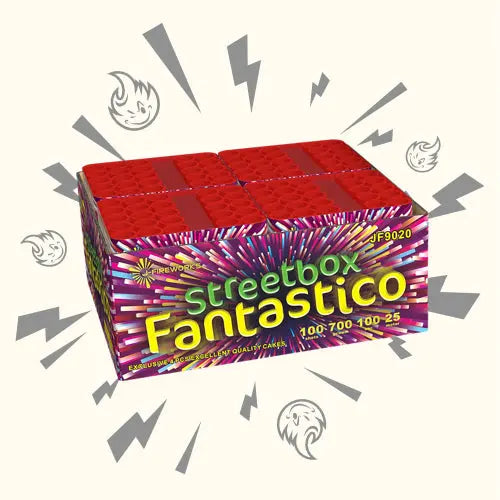 Die Streetbox Fantastico Cakebox von J-Fireworks zeichnet sich durch lebendige Designs, Blitzmotive, rote Deckel und festliche, mehrfarbige Texte aus - perfekt für ein energiegeladenes und schillerndes Feuerwerk.