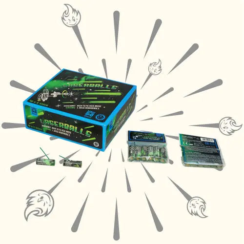Abgebildet ist eine Schachtel mit der Aufschrift „Argento Laserballs 6er Pack“ von Argento in grüner und schwarzer Verpackung, die zwei kleine Schachteln, eine Packung Projektile mit grüner Spitze, Batterien und eine Anleitung enthält – alles angeordnet auf einem Hintergrund mit einer explodierenden Grafik.