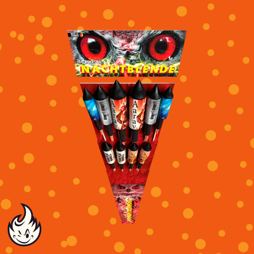 Die dreieckige FEUERWERK OUTLET Lesli Nachtblende 10er Silvesterraketen Packung zeigt ein Eulengesicht und ein buntes Feuerwerk auf orangem Hintergrund mit gelben Punkten und einem kleinen Flammensymbol in der Ecke.