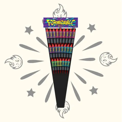 Eine farbenfrohe Einzelhandelspackung, „Formidable Silvesterraketen 24er Pack“ von J-Fireworks, zeigt bunte Raketen in einer fächerförmigen Anordnung mit illustrierten Flammen, Sternen und Linien vor einem hellen Hintergrund.