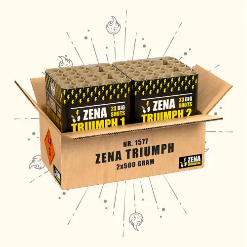 Eine offene Schachtel mit der Aufschrift "Zena Triumph A|B Showbox" von Zena enthält zwei Feuerwerksbatterie-Showboxen mit den Aufschriften "Zena Triumph 1" und "Zena Triumph 2", die jeweils mit "23 Big Shots" bedruckt sind.