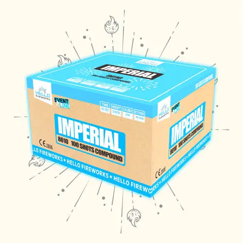 Ein blau-hellbrauner Karton mit der Aufschrift "HELLO Imperial Compound Ti-Salute" von Hello steht vor einem hellen Hintergrund mit Funkenmotiven. Dieses Verbundfeuerwerk enthält 100 Schuss, Veranstaltungshinweise und Sicherheitssymbole.