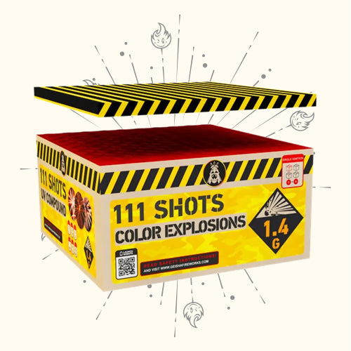 Illustration der Feuerwerksbox „Geisha Color Explosions 111“ von Geisha mit Warnstreifen, Kaliber-Symbolen und angehobenem Deckel. Cartoon-Explosionen und Flammen unterstreichen die Gefahrengutklasse.