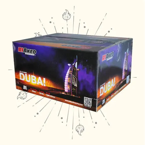 Das Riakeo Dubai 84sh Compound von RIAkeo wird in einer rechteckigen Schachtel mit der Aufschrift „DUBAI!“ geliefert, die eine lebendige Nachtansicht des Burj Al Arab zeigt und dieses beeindruckende Verbundfeuerwerk auf einer eleganten Verpackung mit stilvollen dekorativen Linien hervorhebt.
