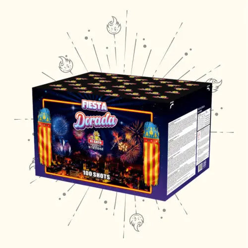 Eine farbenfrohe Schachtel mit der Aufschrift "El Gato Fiesta Dorada" von El Gato, verziert mit einem Feuerwerk, einer Stadtlandschaft und Bannern. Dieses Verbundfeuerwerk bietet "100 Schuss" Goldbuketts und verfügt über auffällige Grafiken auf den Seiten und dem Hintergrund.