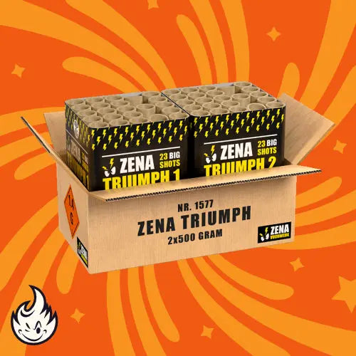 Geöffnete Pappschachtel mit zwei Packungen Zena Triumph A|B Showbox von Zena, die vor einem orangefarbenen Hintergrund mit dynamischen Wirbelmustern präsentiert werden - eine aufsehenerregende Wahl für Ihr nächstes Feuerwerk.