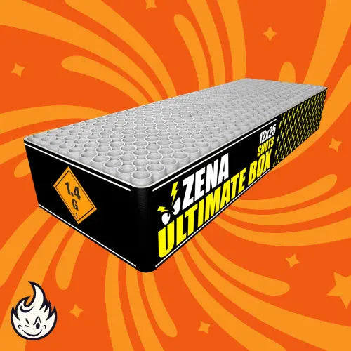 Eine große rechteckige Zena Ultimate Box A|B|C Showbox von Zena, beschriftet mit "120 shots", "1.4G" und Verbundfeuerwerk, auf orangem Hintergrund mit gelben Mustern und einem Flammensymbol. Ideal für Silvester-Feuerwerksfeiern.