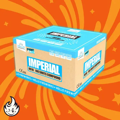 Eine blau-beigefarbene Schachtel mit der Aufschrift "HELLO Imperial Compound Ti-Salute" steht vor einem orangefarbenen Hintergrund mit wirbelnden gelben Mustern. Die Schachtel trägt den Schriftzug "Hello" und zeigt eine Ti-Salute-Note sowie ein kleines Flammensymbol in der Ecke.