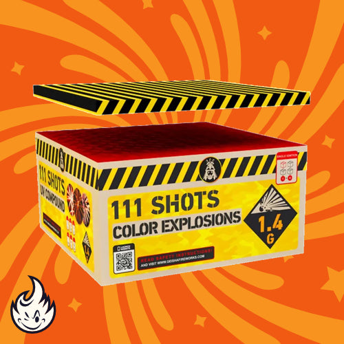 Eine Feuerwerksbox „Geisha Color Explosions 111“ von Geisha mit schwarzen und gelben Warnstreifen, Kaliber- und Brenndauer-Details auf orangefarbenem Hintergrund mit wirbelnden Mustern und einem Flammensymbol in der Ecke.