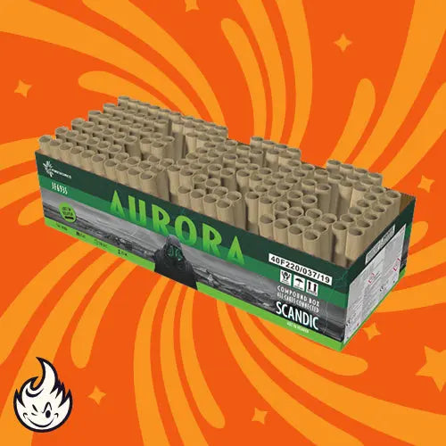 Eine rechteckige Schachtel mit der Aufschrift "Scandic Aurora Compound" von Scandic, die Reihen von zylindrischen Röhren mit 144 Schüssen enthält, auf einem orangefarbenen Hintergrund mit gelben Wirbeln und einem Flammensymbol in der Ecke.