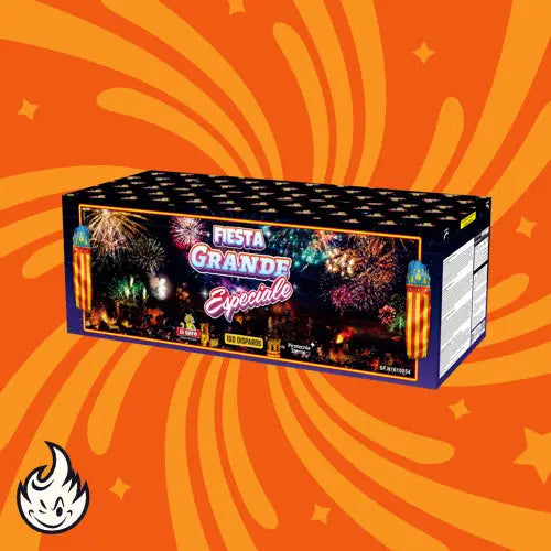 Eine Schachtel mit der Aufschrift "El Gato Fiesta Grande Especiale" von El Gato zeigt eine lebendige Feuerwerk-Grafik auf orangefarbenem Hintergrund mit gelben Wirbeln und einem weißen Flammensymbol, die den Nervenkitzel dieses 100 Schuss Verbundfeuerwerks einfangen.