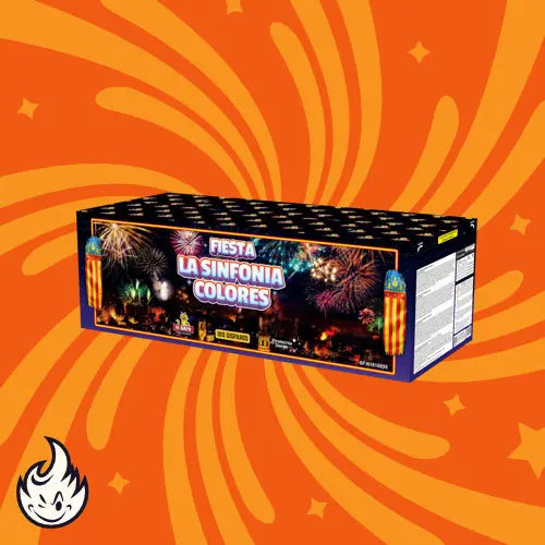 Die rechteckige Dose El Gato Fiesta La Sinfonia Colores von El Gato steht vor einem orangefarbenen, festlichen Hintergrund mit wirbelnden Mustern, einem kleinen Flammensymbol und der Anzeige des 100 Schuss Verbundfeuerwerks.